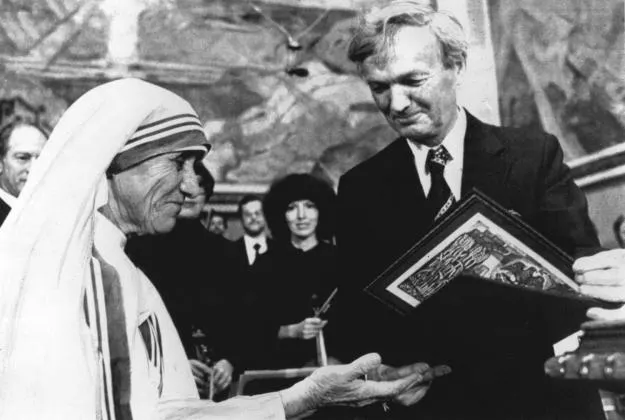 Mother Teresa receiving Nobel Peace Prize